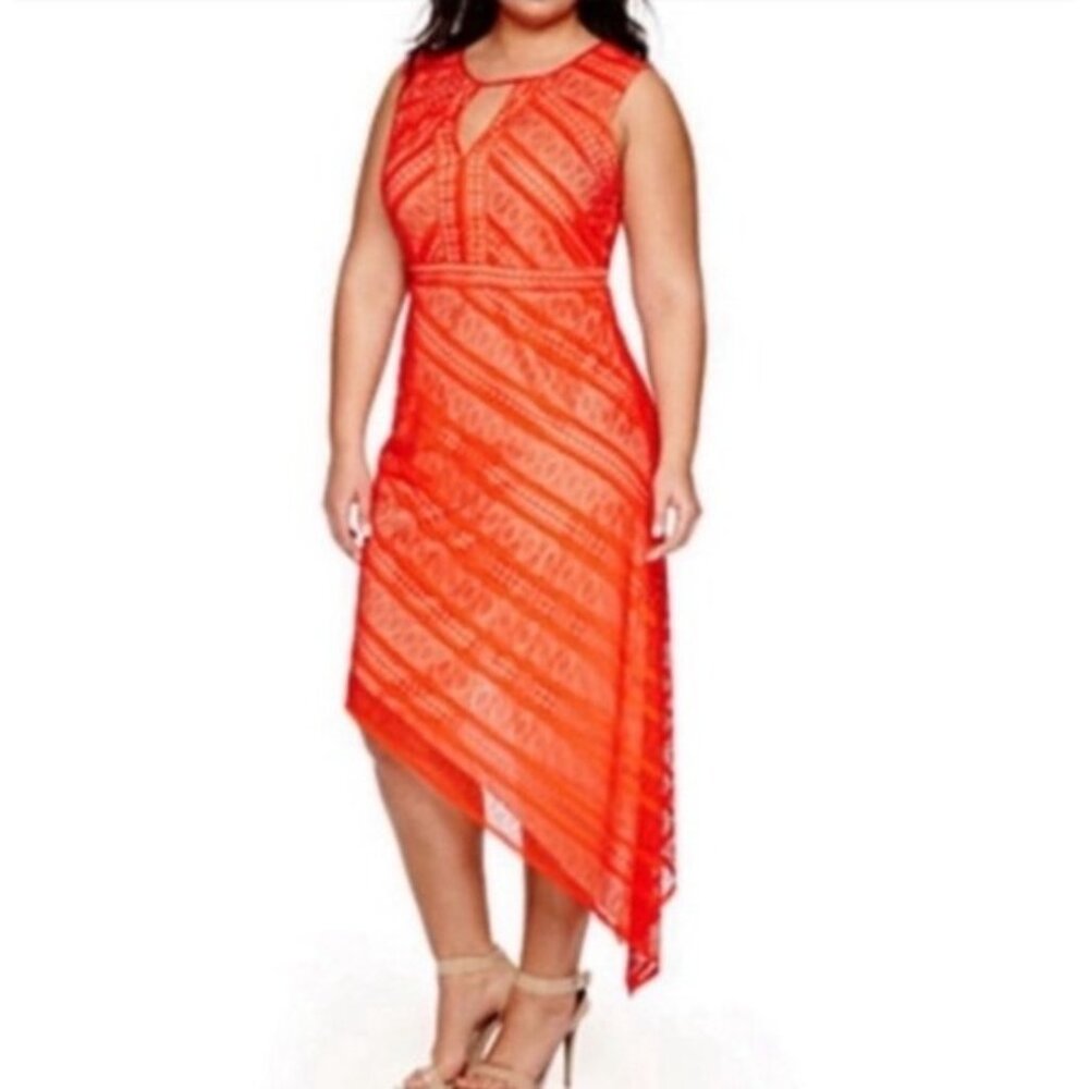 Bisou Bisou Red-Orange Lace Asymmetrical Hem Dress Size 14 Keyhole Sleeveless